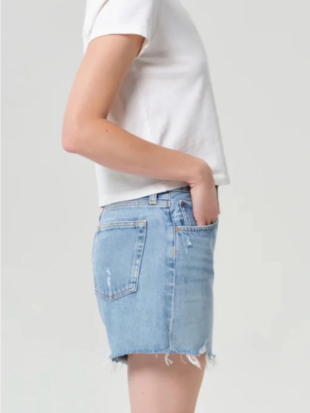 NWT Agolde Parker Long Swapmeet Light Blue Distressed Denim Cutoff Shorts SZ 27 - Picture 5 of 16